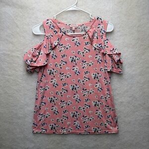 JUICY COUTURE RUFFLE OPEN SHOULDER BLOUSE SIZE SM FLORAL MULTICOLORS ROUND NECK
